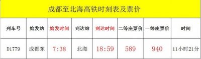 成都至北海高铁时刻表及票价