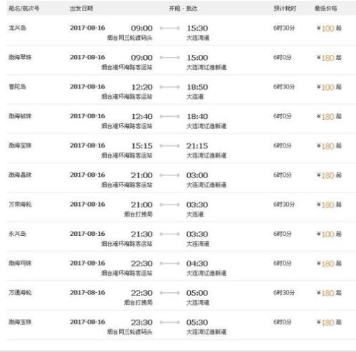 威海到大连船票最新时刻表,详细