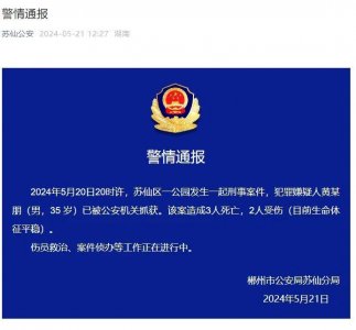 ​湖南一公园发生刑事案件致3死2伤，黄某朋（男，35 岁）被抓获