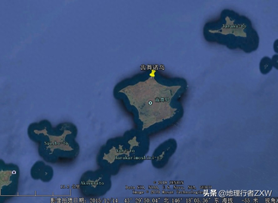 卫星影像下俯瞰日俄争议岛屿北方四岛(俄称南千岛群岛)