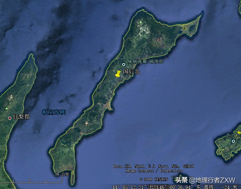 卫星影像下俯瞰日俄争议岛屿北方四岛(俄称南千岛群岛)