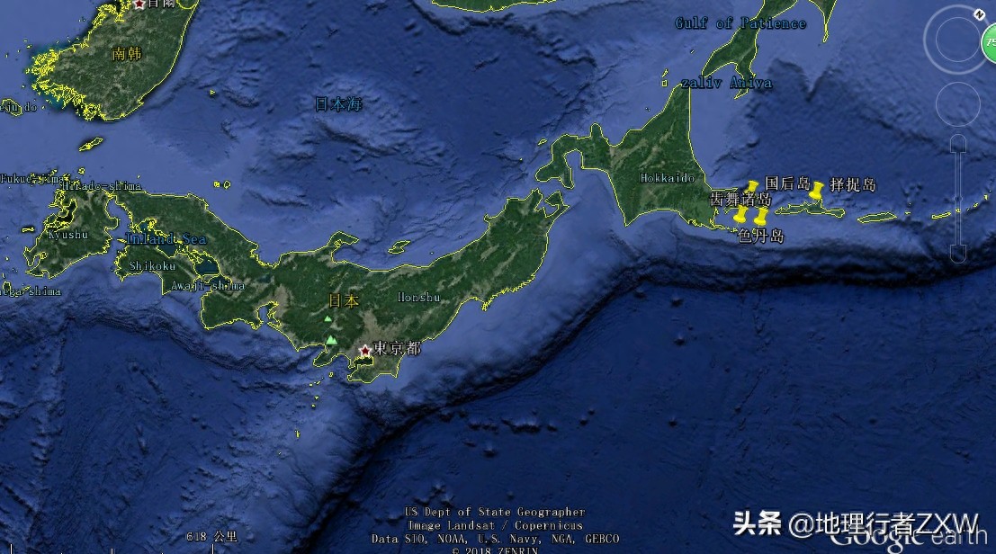 卫星影像下俯瞰日俄争议岛屿北方四岛(俄称南千岛群岛)