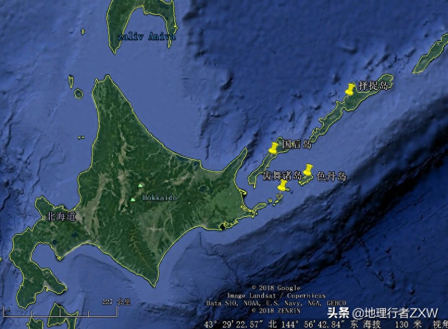 卫星影像下俯瞰日俄争议岛屿北方四岛(俄称南千岛群岛)
