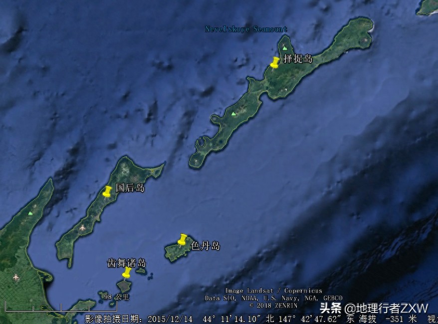 卫星影像下俯瞰日俄争议岛屿北方四岛(俄称南千岛群岛)