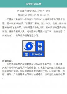 ​江苏继续发布台风蓝色预警，今天大部地区有8级阵风